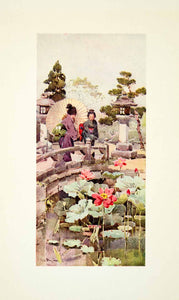 1908 Color Print Lotus Flowers Botanical Garden Bridge Pond Ella Du Cane FGJ1