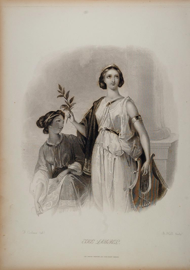 1838 Greece Grecian Women Laurel Branch Lyre Engraving - ORIGINAL FL1