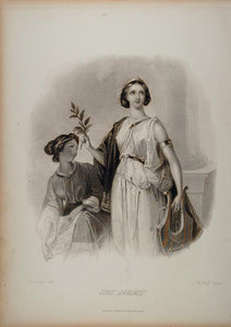 1838 Greece Grecian Women Laurel Branch Lyre Engraving - ORIGINAL FL1