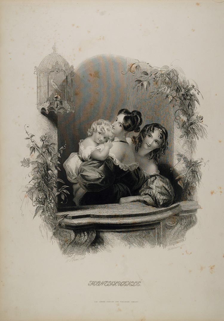 1838 Victorian Women Child Honeysuckle Vine Engraving - ORIGINAL FL1