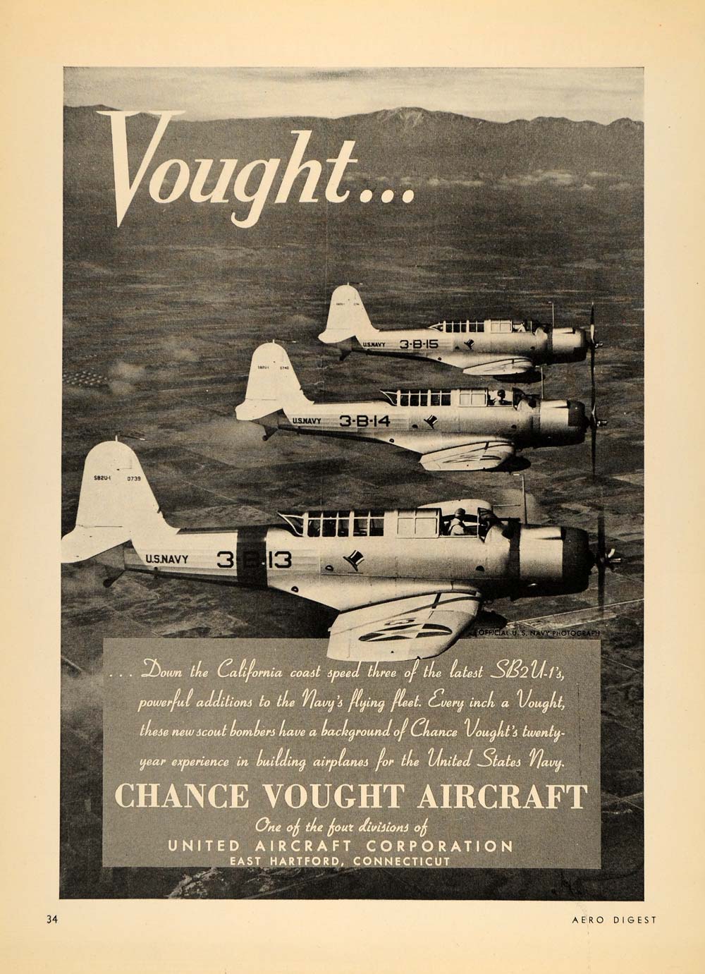 1938 Ad Chance Vought Aircraft SB2U1 United States - ORIGINAL ADVERTISING FLY1