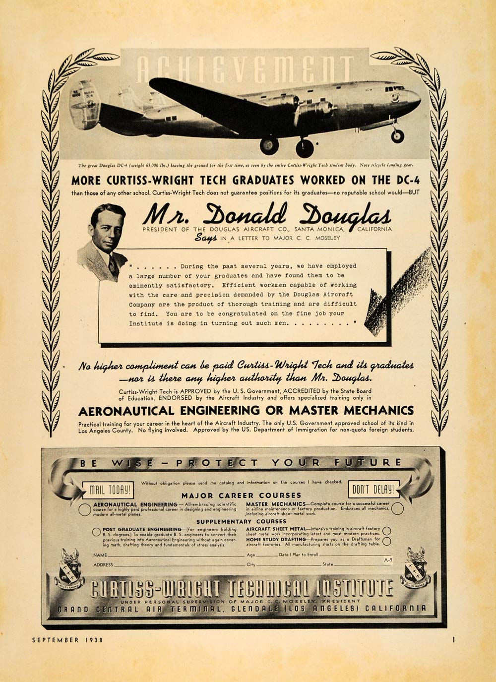 1938 Ad Donald Douglas Curtiss-Wright Tech Institute - ORIGINAL ADVERTISING FLY1