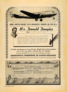 1938 Ad Donald Douglas Curtiss-Wright Tech Institute - ORIGINAL ADVERTISING FLY1