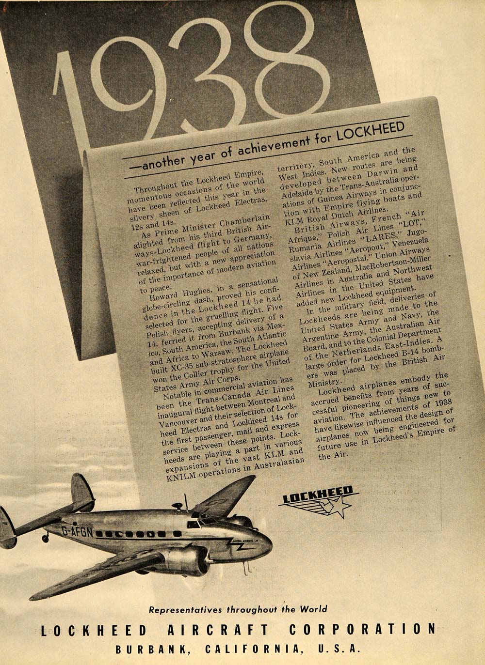 1938 Ad Lockheed Aircraft Corporation Achievement Year - ORIGINAL FLY1