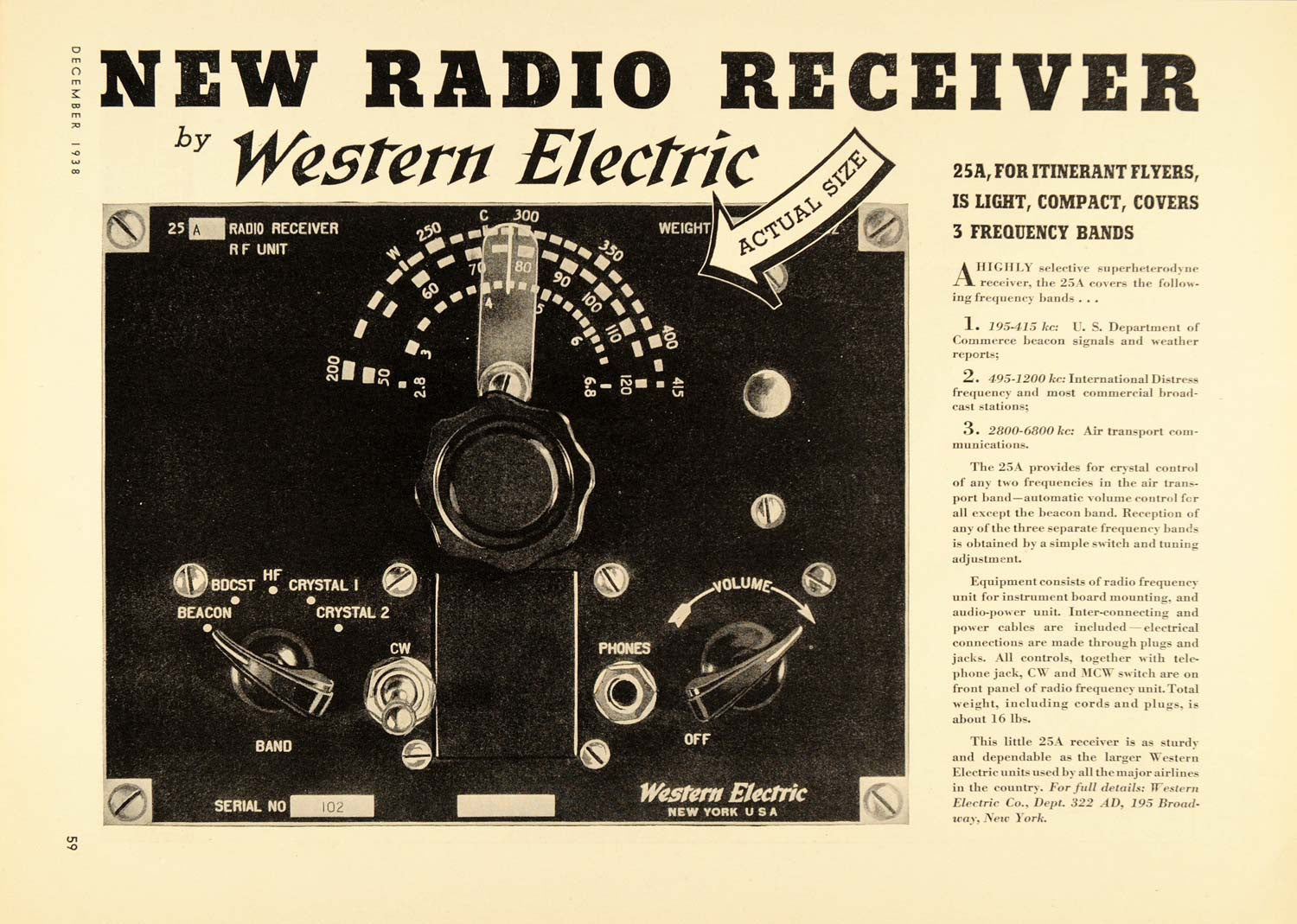 1938 Ad Western Electric Radio Reciever Airplanes - ORIGINAL ADVERTISING FLY1 - Period Paper

