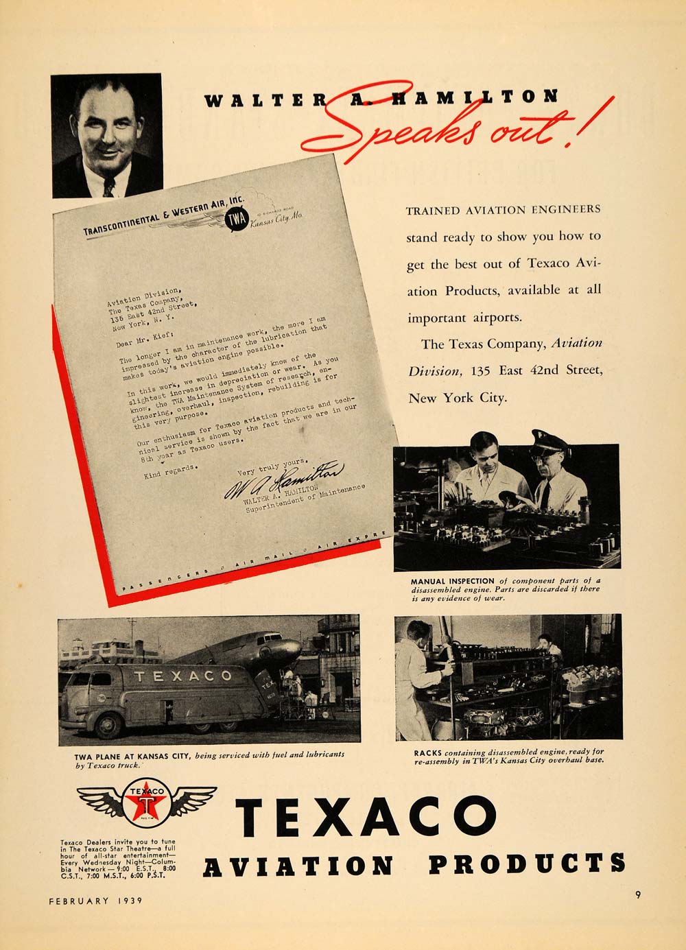 1939 Ad Walter A. Hamilton Texaco Aviation Products - ORIGINAL ADVERTISING FLY1