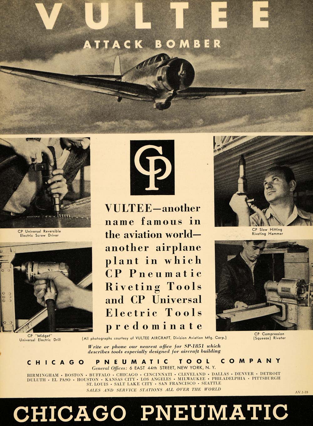 1939 Ad Vultee Attack Bomber Chicago Pneumatic Tools - ORIGINAL ADVERTISING FLY1