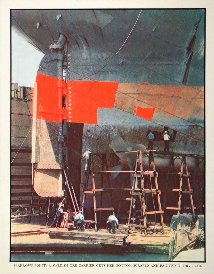 1937 Print Swedish Ore Carrier Ship Rudder Dry Dock - ORIGINAL