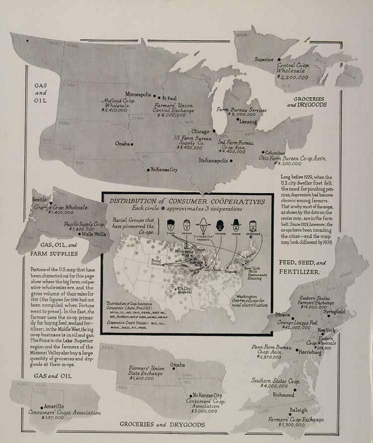 1937 Print U.S. Map Consumer Cooperatives Farm Gas Oil - ORIGINAL