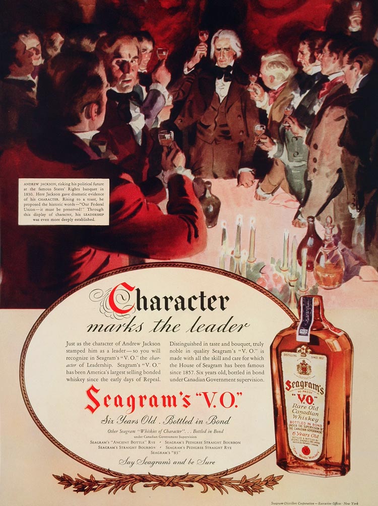 1936 Ad Seagram's V.O. Whiskey Andrew Jackson Banquet - ORIGINAL ADVERTISING