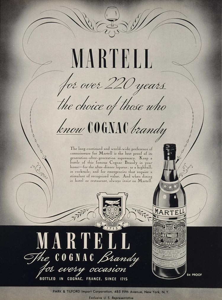 1936 Original Ad J & F Martell Cognac Brandy Park Tilford French Liquor Bottle
