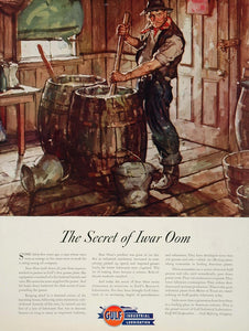1936 Orig. Ad Gulf Oil Iwar Oom Secret Lubricant Barrel - ORIGINAL ADVERTISING