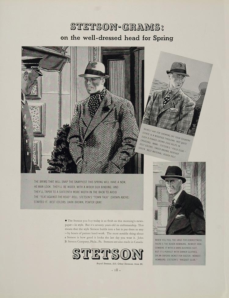 1936 Ad Stetson Hat Black Homburg Tyrolean Town Talk - ORIGINAL ADVERTISING
