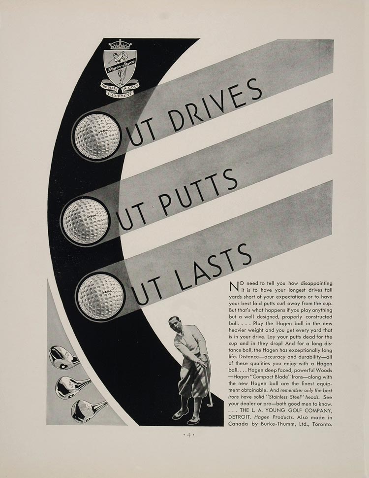 1932 Ad Hagen GOLF Ball Club Woods Irons L. A. Young - ORIGINAL ADVERTISING