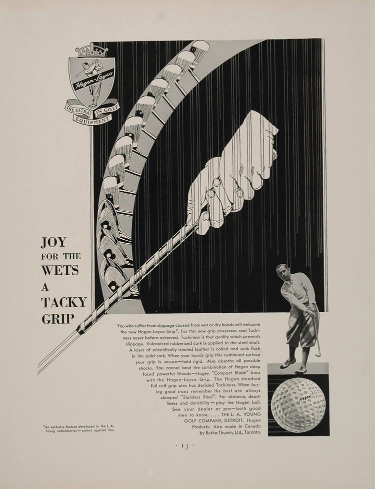 1932 Ad Hagen Layco GOLF Club Grip Woods Irons Ball - ORIGINAL ADVERTISING
