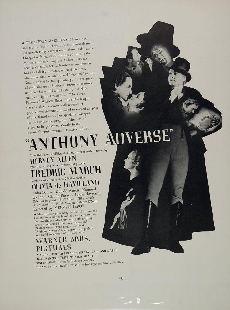 1936 Print Ad Anthony Adverse Warner Bros. Film Movie Mervyn LeRoy Fredric March