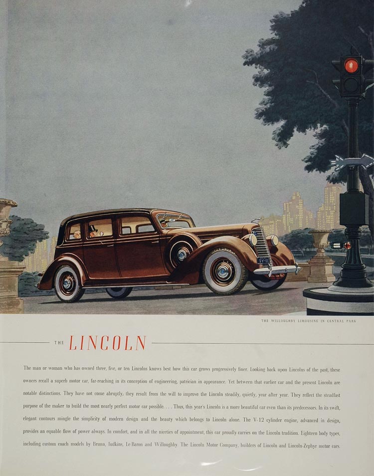 1936 Ad Brown Lincoln Willoughby Limousine Central Park - ORIGINAL ADVERTISING