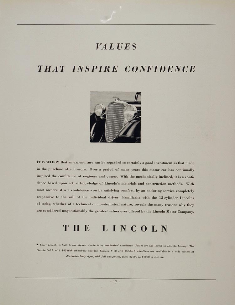 1933 ORIG. Ad Lincoln V 12 Cylinder Radiator Luxury Car - ORIGINAL ADVERTISING