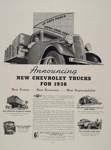 1936 Print Ad Chevrolet Motors Work Trucks Industrial Hydraulic Great Depression