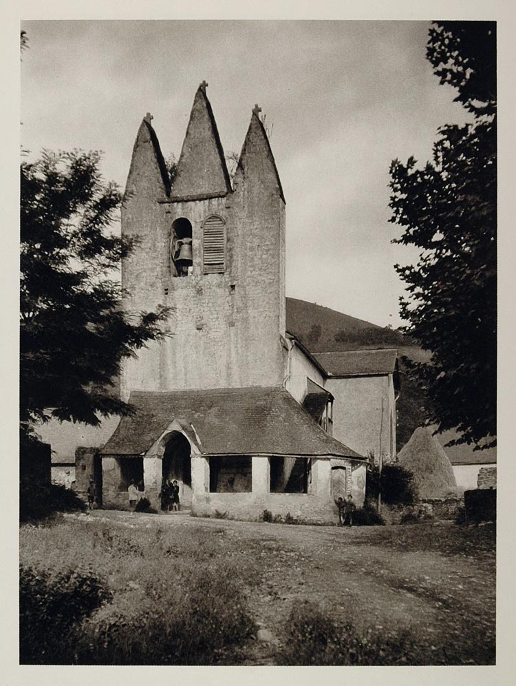 1927 Eglise Church Village Gotein-Libarrenx France - ORIGINAL PHOTOGRAVURE