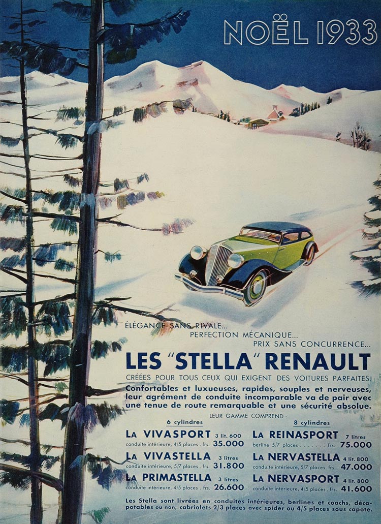 1933 Vintage French Ad Renault Automobile Car Winter - ORIGINAL ADVERTISING
