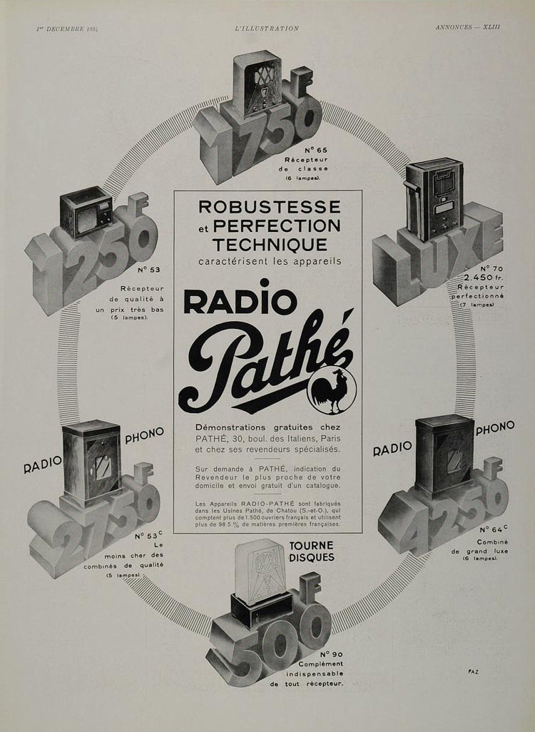 1934 French Ad Radio Pathe Phono Models 53 64 65 70 90 - ORIGINAL ADVERTISING