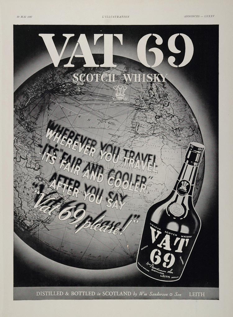 1937 Original Ad VAT 69 Scotch Whisky Whiskey Globe - ORIGINAL ADVERTISING