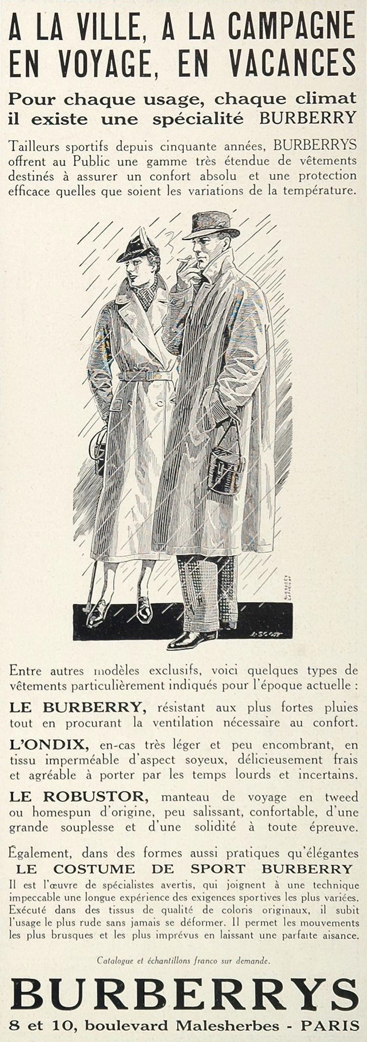 1937 Original French Ad BURBERRYS Coat Raincoat Fashion - ORIGINAL ADVERTISING