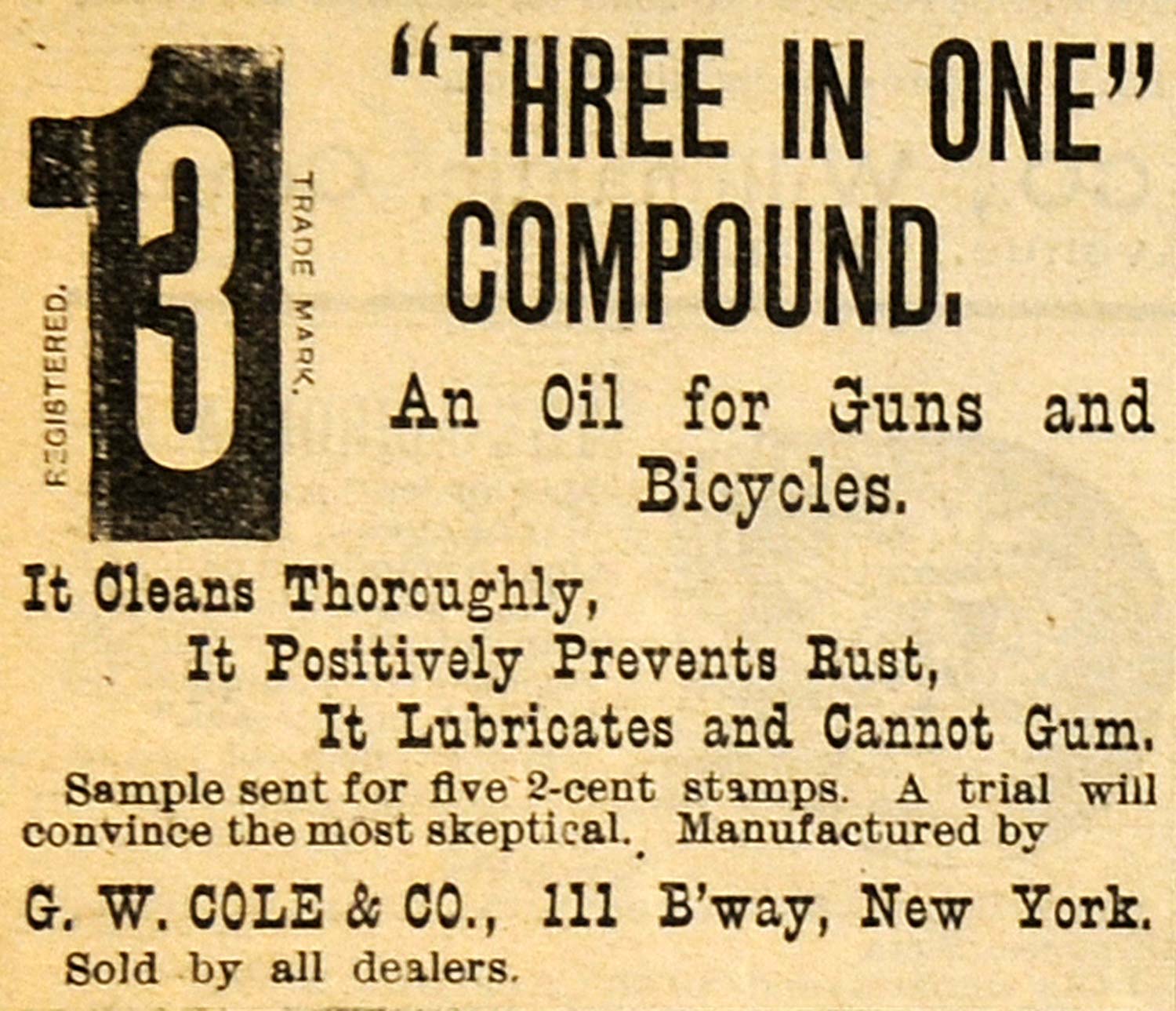 1895 Ad Three In One Compound G W Cole Company Gun Oil - ORIGINAL FS1