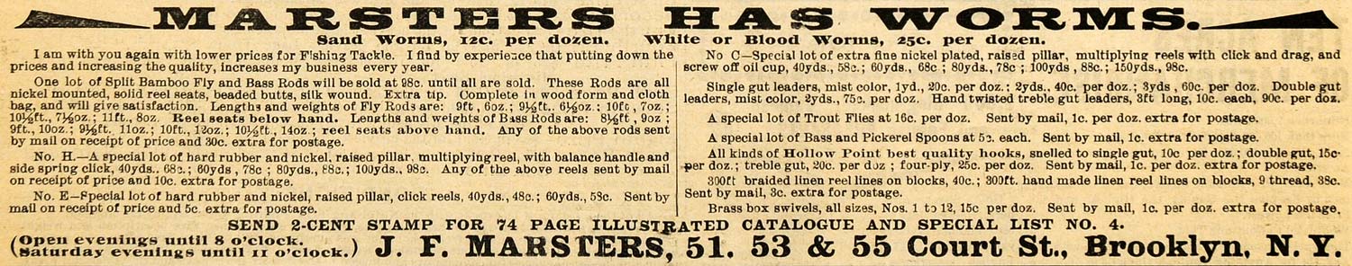 1895 Ad J F Marsters Sand White Blood Worms Dozen Bait - ORIGINAL FS1