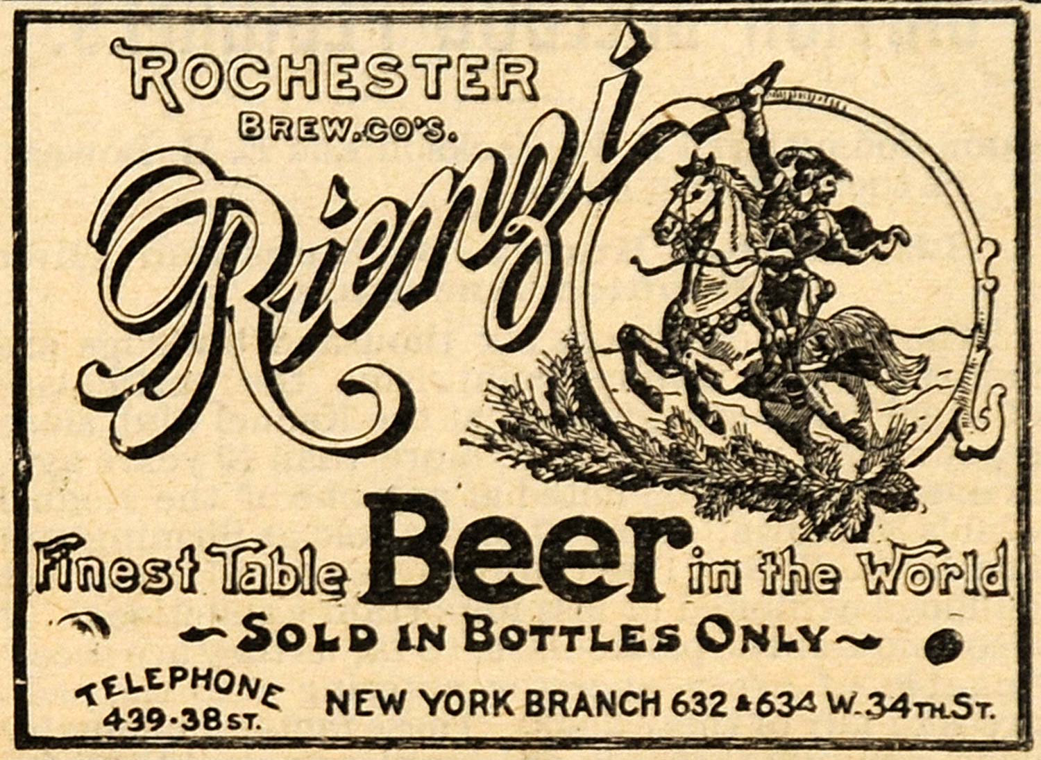 1895 Ad Rochester Brewing Company Rienzi Table Beer - ORIGINAL ADVERTISING FS1