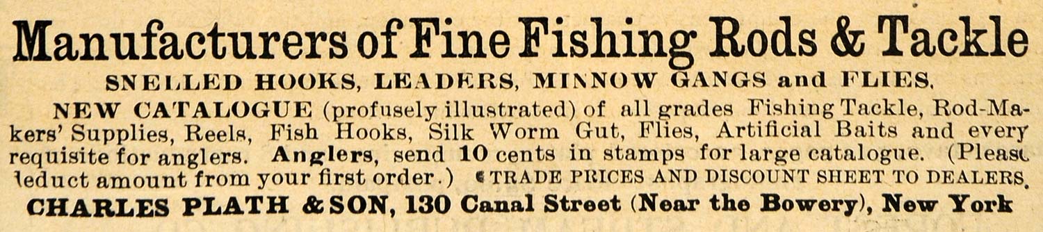 1895 Ad Fishing Rods Tackle Hooks Charles Plath & Son - ORIGINAL ADVERTISING FS1