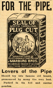 1895 Ad Plug Cut Smoking Tobacco Pipe Marburg Brothers - ORIGINAL FS1