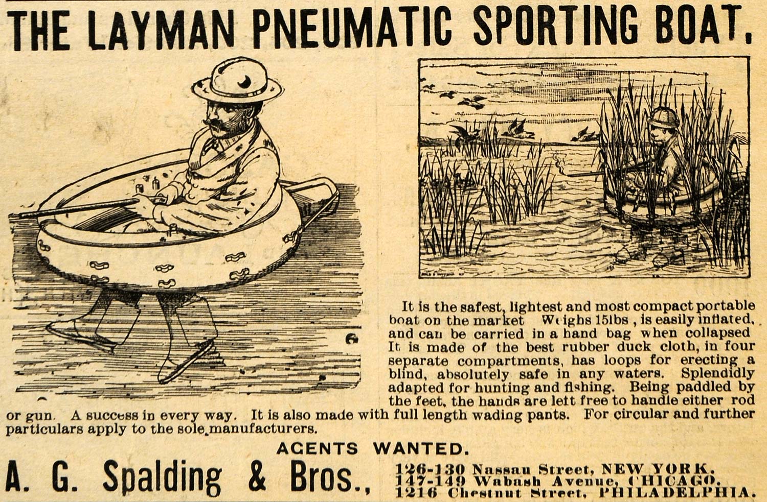 1895 Ad Layman Pneumatic Sporting Boat A G Spalding Bro - ORIGINAL FS1