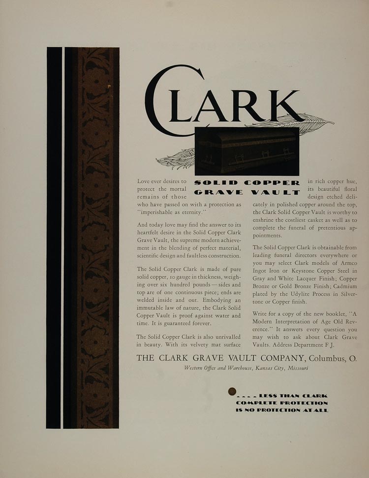 1931 Ad Clark Solid Copper Grave Vault Columbus Ohio - ORIGINAL ADVERTISING FT1