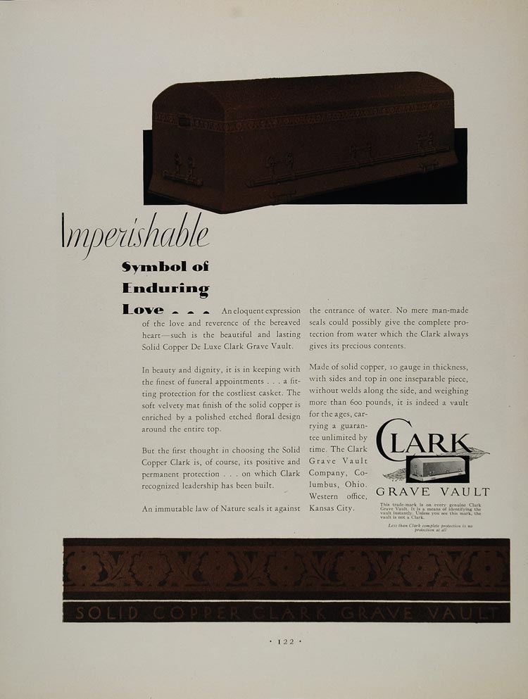 1930 Ad Clark Solid Copper Grave Vault Coffin Casket - ORIGINAL ADVERTISING FT1