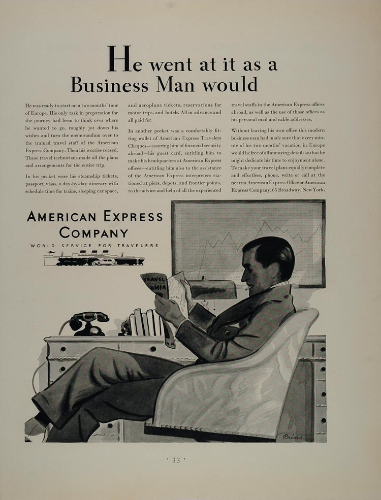 1931 Ad American Express Travelers Checks Businessman - ORIGINAL ADVERTISING FT1