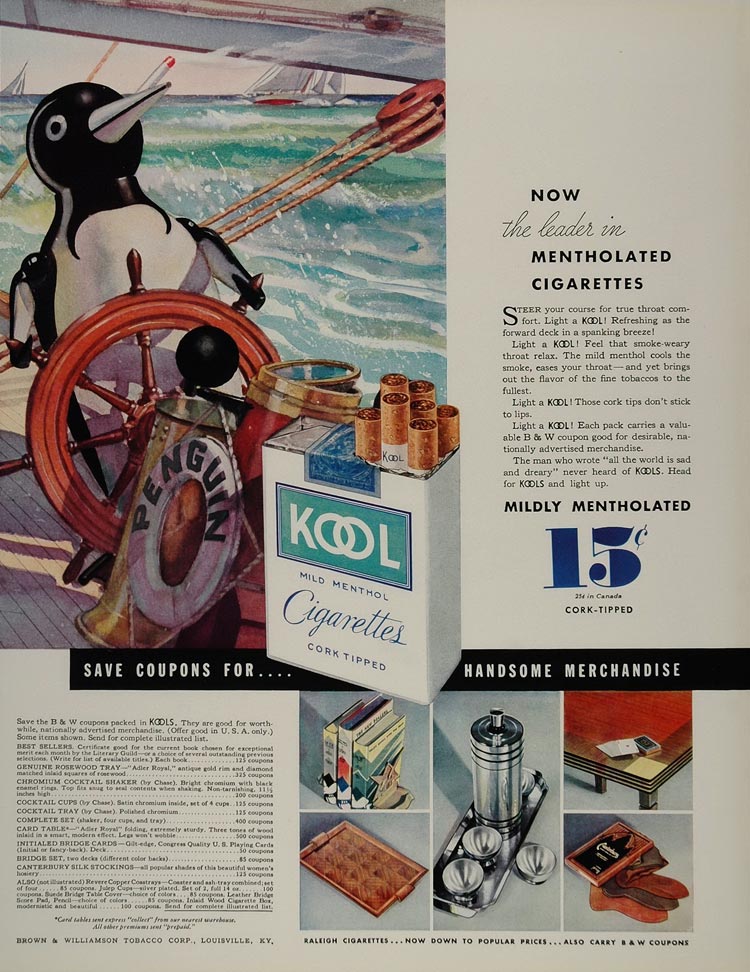 1934 Ad Kool Cigarettes Smoking Penguin Sailing Wheel - ORIGINAL ADVER