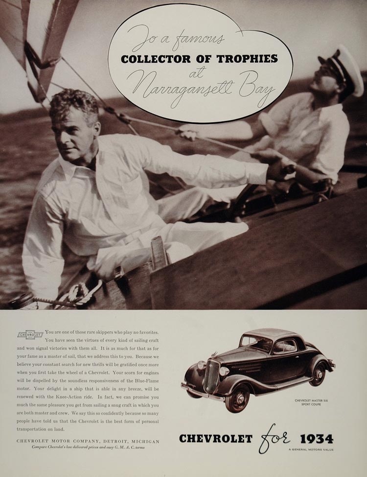 1934 Ad Chevrolet Coupe Narragansett Bay Yacht Race - ORIGINAL ADVERTISING FT1