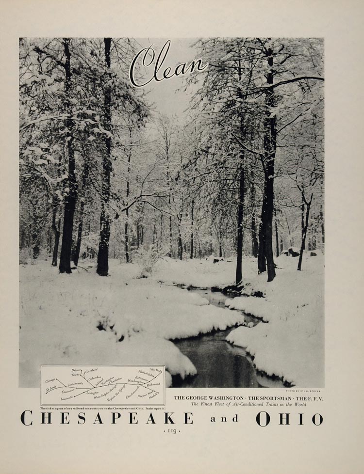 1934 Ad Chesapeake Ohio Railroad Winter Stream Woods - ORIGINAL ADVERTISING FT1