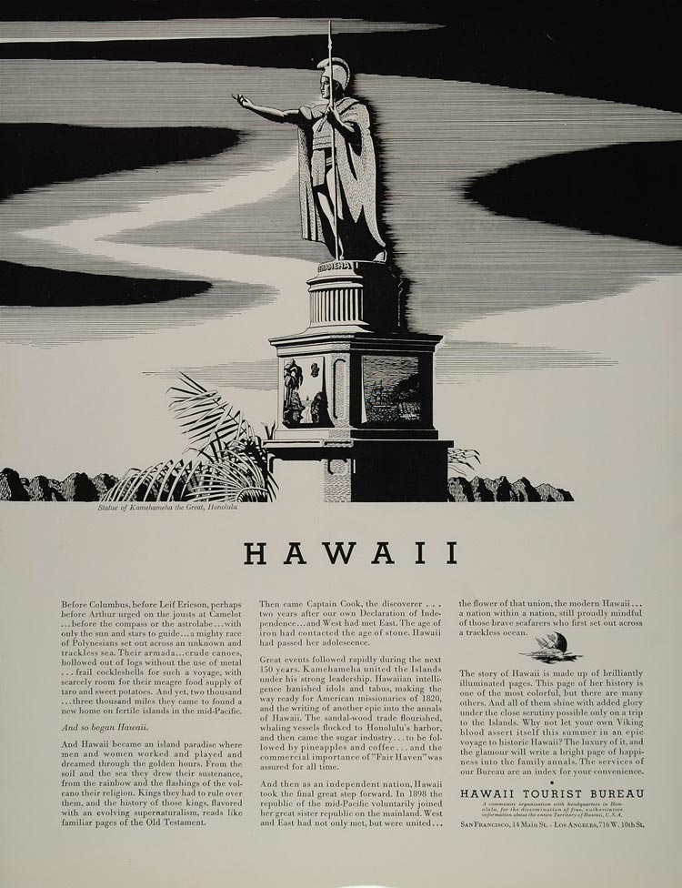 1934 Ad Hawaii Travel Bureau Kamehameha Statue Honolulu - ORIGINAL FT1
