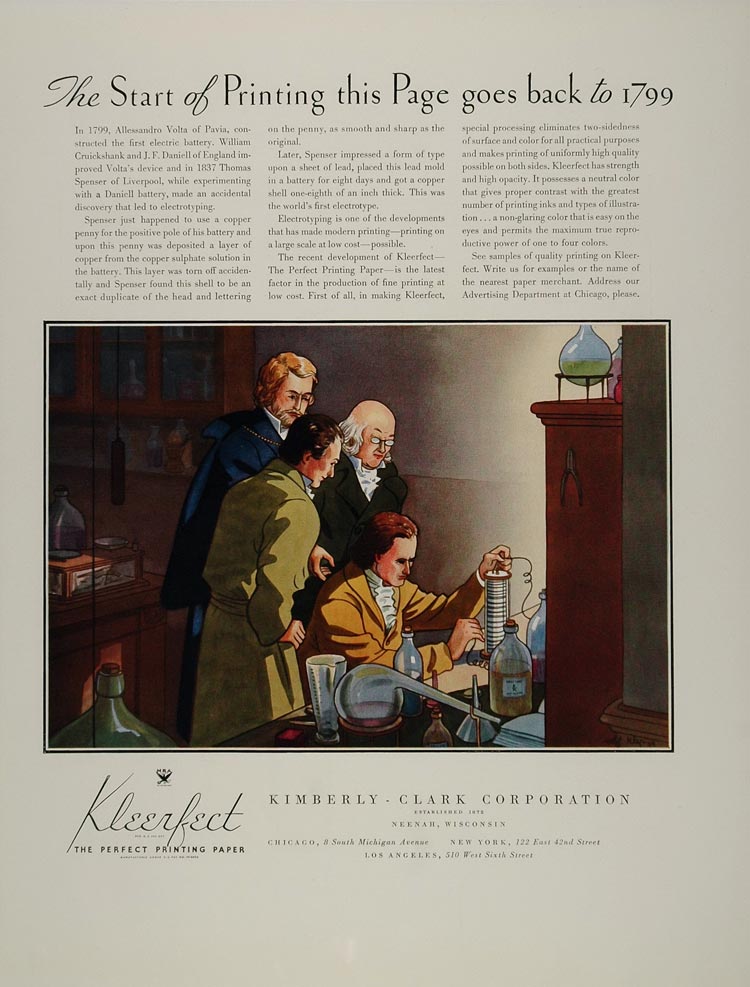 1934 Ad Kimberly Clark Printing Paper Alessandro Volta - ORIGINAL FT1