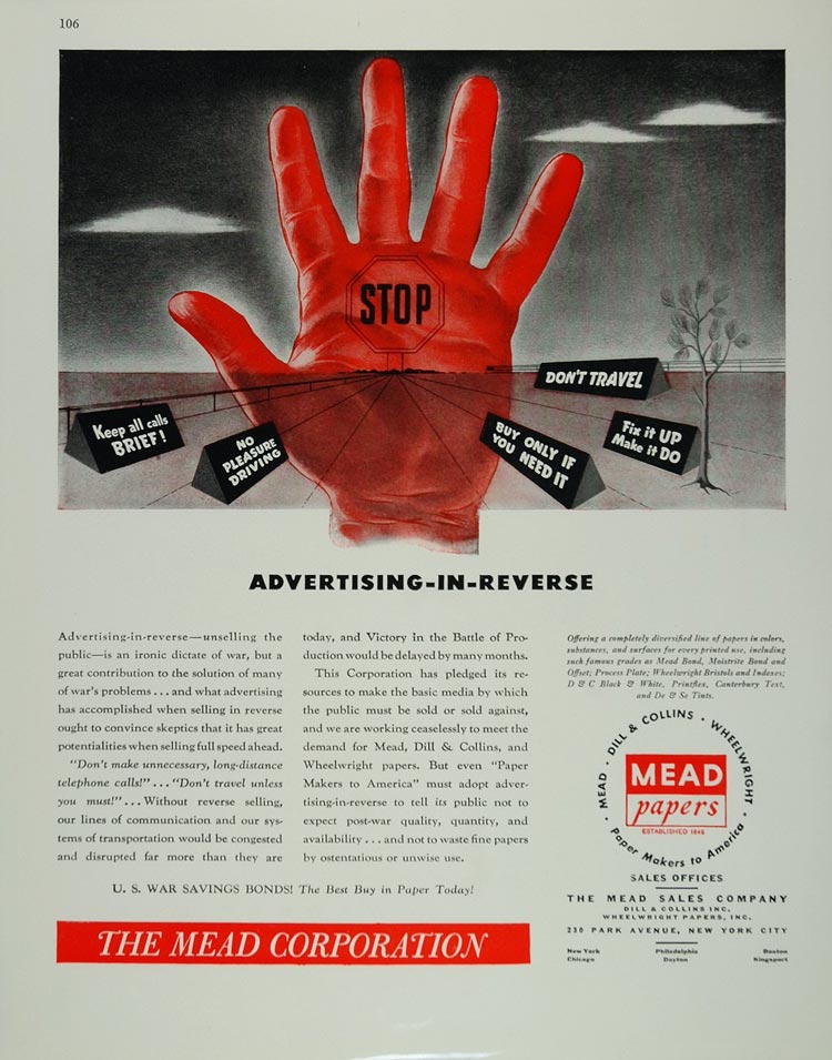 1943 Ad Mead Papers Advertising in Reverse Home Front - ORIGINAL ADVERTISING FT2