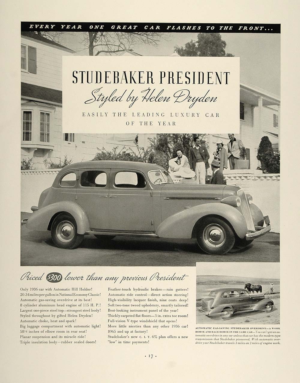 1936 Ad Vintage Studebaker President Sedan Helen Dryden - ORIGINAL FT4