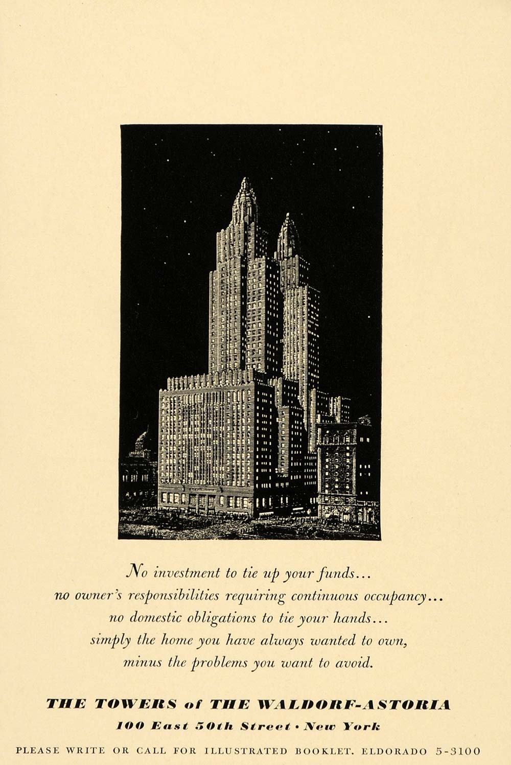 1940 Ad Towers Waldorf Astoria Hotel New York City NYC - ORIGINAL FT6A