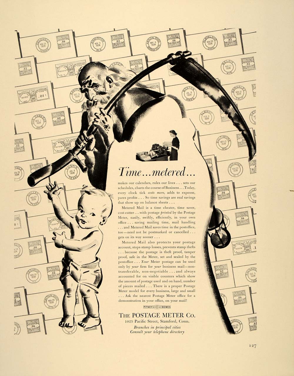 1939 Ad Pitney Bowes Postage Meter Baby Father Time - ORIGINAL ADVERTISING FT6