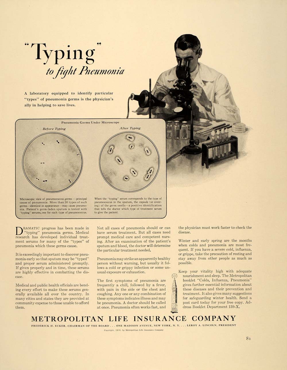 1939 Ad Metropolitan Life Pneumonia Germ Microscope Lab - ORIGINAL FT6
