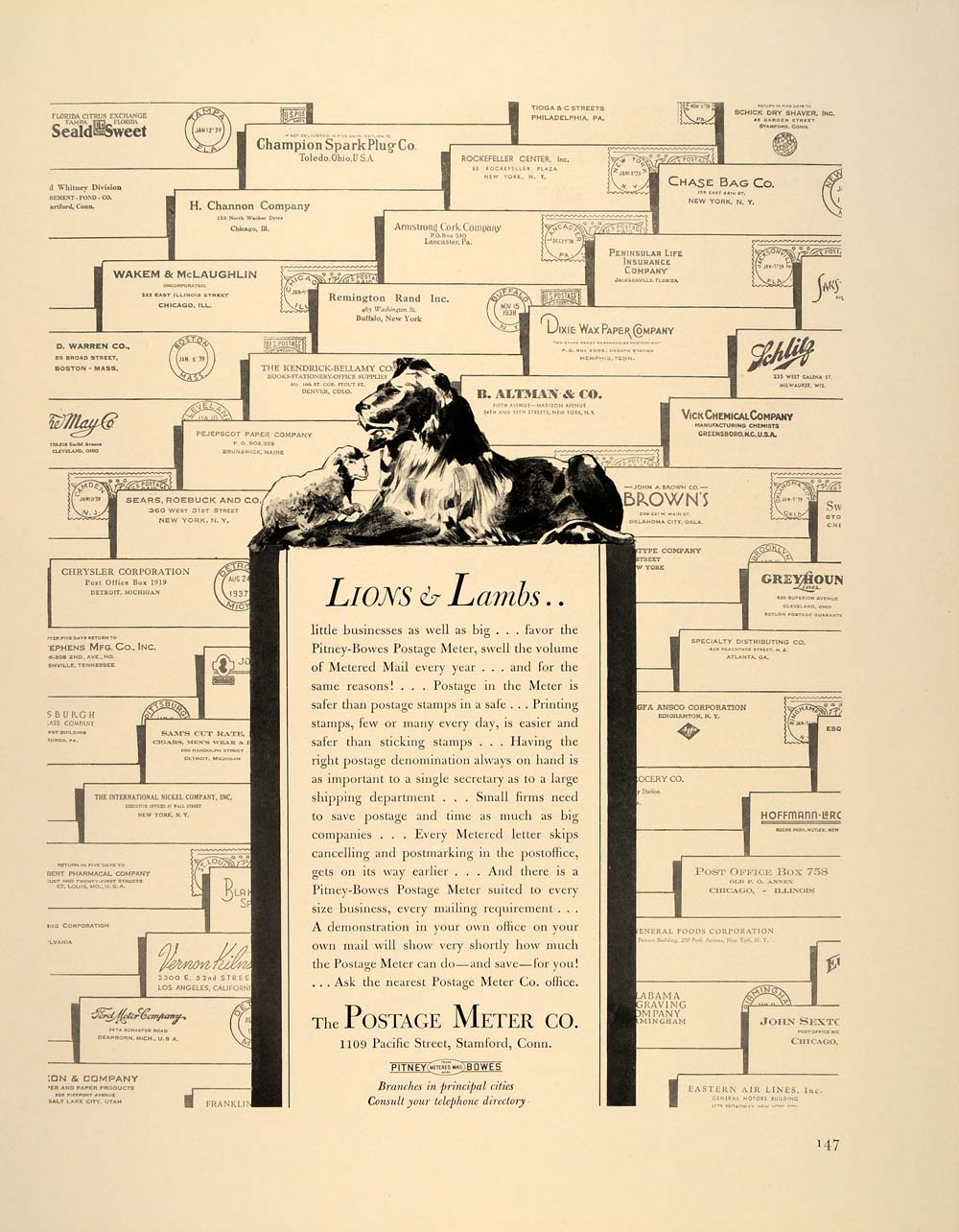 1939 Ad Pitney Bowes Postage Meter Co. Mail Lion Lamb - ORIGINAL ADVERTISING FT6