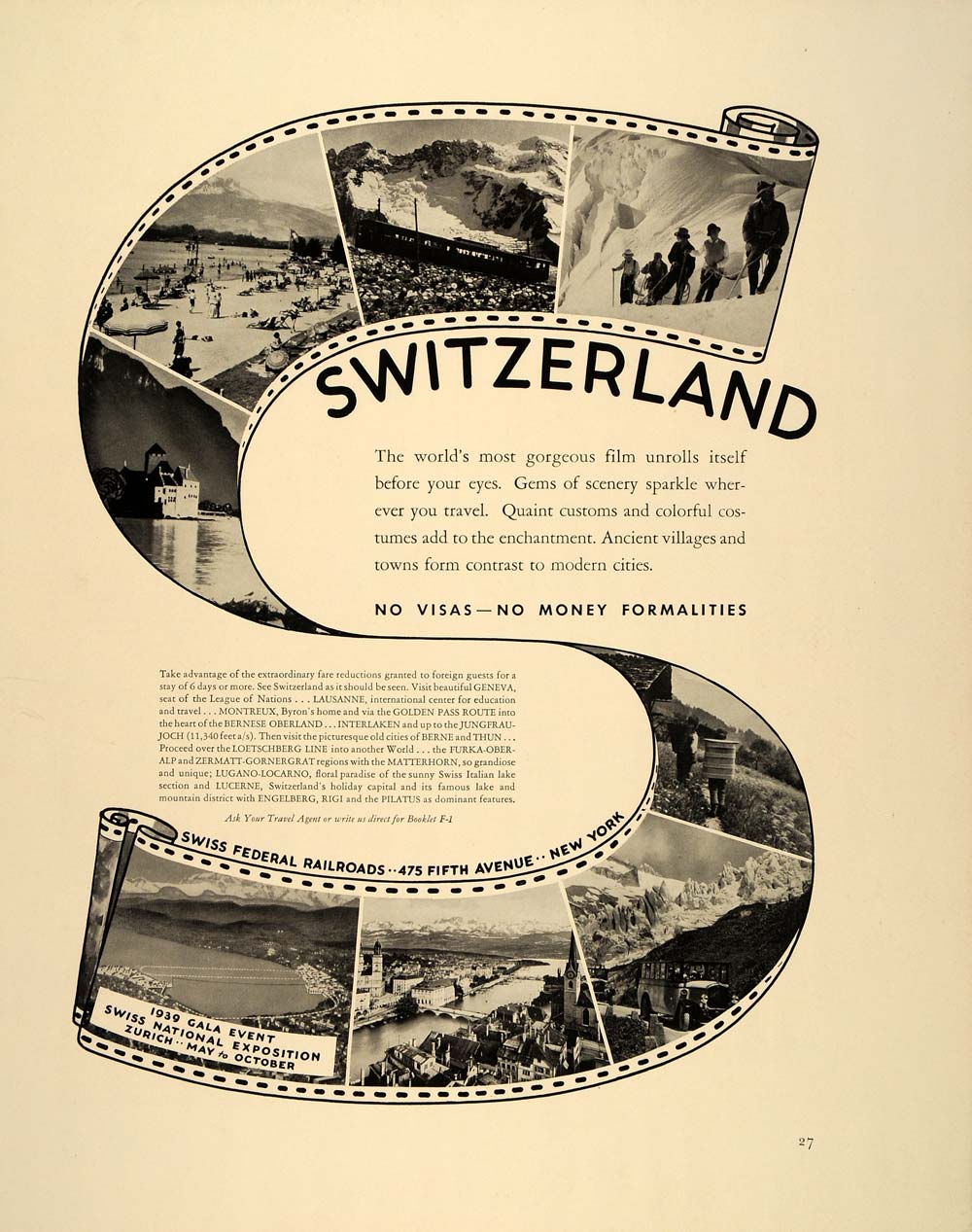 1939 Ad Switzerland Travel Swiss Federal Railroads Alps - ORIGINAL FT6