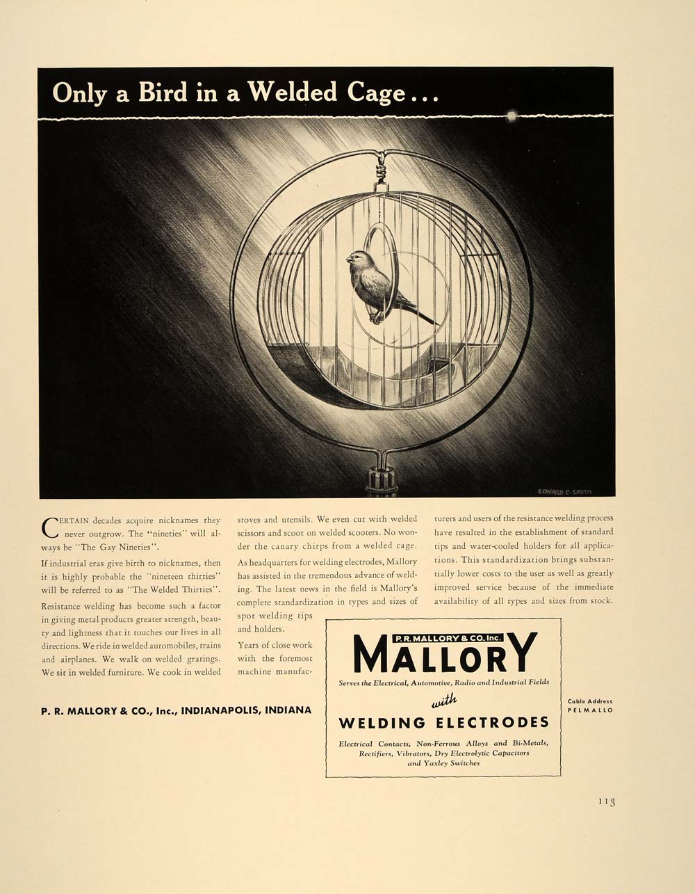 1939 Ad Mallory Welding Electrodes Bird Cage Birdcage - ORIGINAL ADVERTISING FT6
